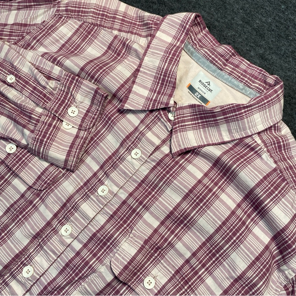 Ridgecut Womens 1/4 Button Up 2X Pink Plaid Long Roll Tab Sleeve Shirt Pockets